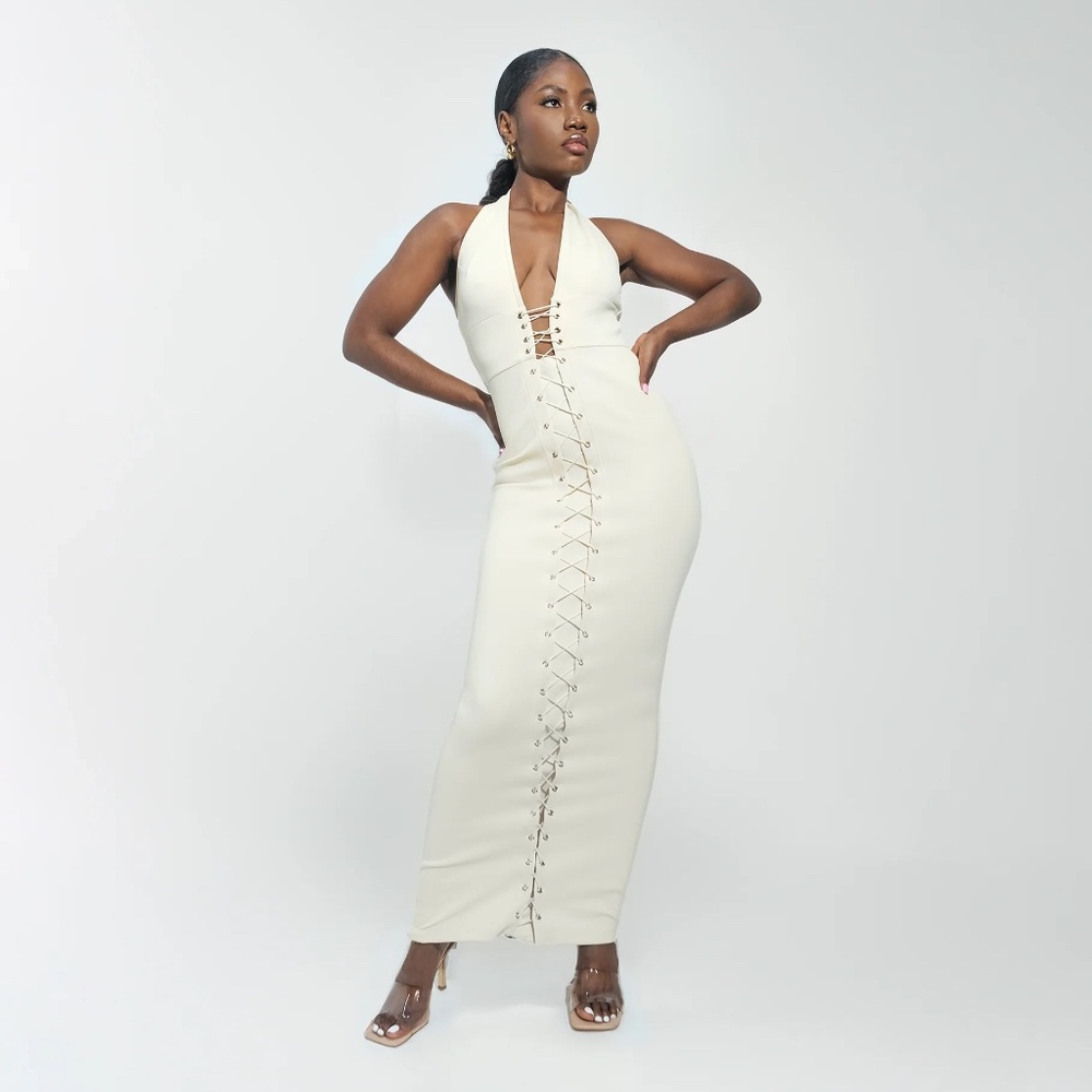 PARADOX BY KAYA Nude Lace-Up Perla Corset Dress in size L